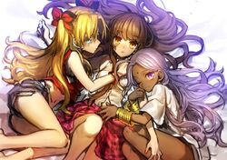  3girls alternate_hair_color blonde_hair blue_eyes brown_hair dark_skin facial_mark fate/extra fate_(series) hair_ribbon kishinami_hakuno_(female) long_hair multiple_girls one_eye_closed rani_viii ribbon toosaka_rin violet_eyes 