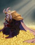  1boy armor asgore_dreemurr beard blonde_hair blood blood_stain bloody_clothes cape crown cup facial_hair flower_bed highres horns kayla_marquez monster_boy signature solo spilling squatting tagme tea teacup undertale 