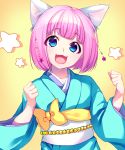  1girl animal_ears blue_eyes bob_cut cat_ears fang japanese_clothes kayoe!_chuugaku kimono looking_at_viewer motton open_mouth oshima_(kayoe!_chuugaku) pink_hair short_hair smile solo yukata 