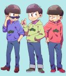  3boys ;) black_hair bowl_cut brothers choromatsu choromatsu_(cosplay) contrapposto cosplay costume_switch denim facial_mark half-closed_eyes hand_in_pocket hand_on_hip hoodie jeans karamatsu karamatsu_(cosplay) layered_clothing male_focus multiple_boys noruberusu one_eye_closed osomatsu-kun osomatsu-san osomatsu_(osomatsu-kun) osomatsu_(osomatsu-kun)_(cosplay) pants siblings sleeves_rolled_up smile sunglasses sweatdrop thumbs_up triangle_mouth whisker_markings winking 