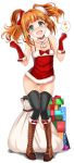  1girl aqua_eyes bag bare_shoulders black_legwear blush boots box brown_hair collarbone cross-laced_footwear dress elbow_gloves gift gift_box gloves hair_ornament head_tilt idolmaster inu_(marukome) looking_at_viewer open_mouth red_gloves santa_costume short_dress smile solo spoken_sparkle takatsuki_yayoi thigh-highs thighs twintails 