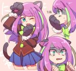  1girl ;) ;3 animal_ears aqua_eyes blazer blue_skirt cat_ears covering_mouth expressions fang fur_trim gloves hashimoto_nyaa heart long_hair multicolored_hair noruberusu one_eye_closed osomatsu-san paw_gloves pink_background pink_hair ribbon school_uniform shaded_face simple_background skirt smile solo streaked_hair tail tearing_up whisker_markings 