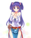  1girl belt blue_hair breasts clannad cleavage hair_bobbles hair_ornament ichinose_kotomi long_hair standing twintails two_side_up violet_eyes yostxxx 