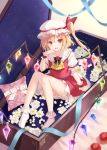  1girl apple ascot blonde_hair bow coffin dress flandre_scarlet flower food fruit fukahire_sanba hat hat_bow mob_cap open_mouth puffy_short_sleeves puffy_sleeves red_dress red_eyes shirt short_sleeves side_ponytail sitting smile solo touhou wings wrist_cuffs 