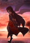  1girl black_hair clouds detached_sleeves fingerless_gloves fuu_(fuore) gloves hairband konno_yuuki_(sao) long_hair looking_at_viewer pointy_ears red_eyes sky smile solo sunset sword_art_online tagme wings 