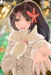  1girl alternate_costume amagi_(kantai_collection) breathing brown_eyes brown_hair coat flower hair_flower hair_ornament hand_on_own_chest jewelry kantai_collection long_hair looking_at_viewer mole mole_under_eye namaashi_(namaashi999) ponytail reaching_out ring scarf snowing wedding_ring winter_clothes winter_coat 