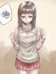  1girl bangs black_hair blunt_bangs breast_conscious brown_eyes cowboy_shot flat_chest fuku_(mahoeshi) hair_intakes highres long_hair open-chest_sweater original oversized_clothes pleated_skirt ribbed_sweater sad skirt solo spoken_squiggle squiggle sweatdrop sweater turtleneck 
