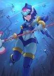  1girl blue_eyes breasts bubble glaive glowing helmet highres leviathan_(rockman) robot_joints rockman rockman_zero smile solo tesshii_(riza4828) underwater 