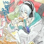  1boy backpack bag cup eating fried_chicken headphones hoodie jewelry looking_at_viewer male_focus naitou-kun nitro+_chiral red_eyes ring silver_hair sitting sketch solo 