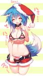  1girl :d animal_ears belt bikini blue_hair blush breasts cleavage collar fang hat heart heart-shaped_pupils highres looking_at_viewer mamuru navel open_mouth original red_eyes santa_hat shorts smile solo striped striped_bikini striped_swimsuit swimsuit symbol-shaped_pupils tail 
