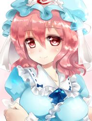  1girl blue_dress breasts crossed_arms dress hat hat_ribbon large_breasts looking_at_viewer mob_cap nagare pink_eyes pink_hair ribbon saigyouji_yuyuko smile solo touhou triangular_headpiece upper_body 