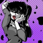  1girl kunou_kodachi leotard monochrome petals polka_dot polka_dot_background ranma_1/2 side_ponytail tongue tongue_out wantan-orz 