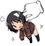  1girl animal_ears bandaid black_hair blue_eyes blush chibi kanno_naoe looking_at_viewer lowres military military_uniform null_(nyanpyoun) open_mouth scarf short_hair simple_background solo_focus strike_witches tail uniform white_background 