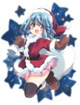  1girl :d belt black_legwear blue_eyes blue_hair blush boots braid character_request commentary_request copyright_request hat mittens neneko-n open_mouth over-kneehighs sack santa_costume santa_hat short_hair skirt sky smile solo star star_(sky) starry_sky thigh-highs 