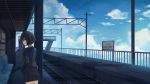  1girl akira_(mr_akira) black_hair highres looking_back original short_hair sky solo train_station 