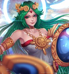  1girl bare_shoulders collarbone green_eyes green_hair jewelry kid_icarus long_hair magion02 palutena signature smile solo very_long_hair watermark web_address 