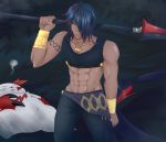  1boy abs bare_shoulders black_eyes black_sclera bracer catcactcat dark_skin hair_over_one_eye highres jewelry midriff muscle necklace personification pokemon polearm red_eyes seviper spear unconscious weapon zangoose 