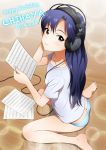  1girl 2014 ass barefoot blue_hair blue_panties brown_eyes character_name dated headphones idolmaster kisaragi_chihaya long_hair looking_at_viewer panties solo sunsun69 underwear 