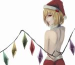  1girl alternate_headwear back bare_arms blonde_hair crystal flandre_scarlet hair_bobbles hair_ornament hat highres looking_at_viewer open_mouth profile red_eyes rira santa_hat short_hair side_ponytail simple_background solo touhou upper_body white_background wings 