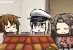  3girls blonde_hair brown_hair commentary_request dated folded_ponytail graf_zeppelin_(kantai_collection) hamu_koutarou hat headband inazuma_(kantai_collection) jintsuu_(kantai_collection) kantai_collection kotatsu long_hair multiple_girls peaked_cap sparkle table tagme 