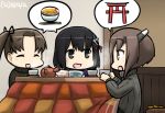 3girls alternate_costume black_hair brown_hair character_request commentary_request dated haguro_(kantai_collection) hair_ornament hamu_koutarou headgear kantai_collection kotatsu multiple_girls short_hair table taihou_(kantai_collection) torii 