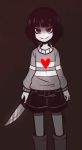  androgynous artist_name boots dark_persona evil_smile frisk_(undertale) gias-ex-machella heart knife pantyhose red_eyes shorts smile spot_color striped striped_sweater sweater tagme undertale 
