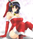  1girl black_hair blush boots breasts christmas cleavage dress elbow_gloves en_(paorasuteki) fur_trim gloves hair_ornament hat kantai_collection large_breasts looking_at_viewer red_dress red_eyes red_gloves red_legwear santa_costume santa_hat short_dress short_hair sitting smile solo strapless_dress thigh-highs yamashiro_(kantai_collection) 