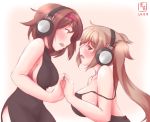  breasts brown_eyes brown_hair dress headphones highres kanon_(kurogane_knights) kantai_collection large_breasts light_brown_hair long_hair murasame_(kantai_collection) open_mouth shiratsuyu_(kantai_collection) short_hair twintails 