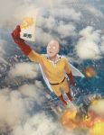  1boy :d bald boots cape city clouds explosion flyer flying gloves happy highres monster onepunch_man open_mouth photo red_boots red_gloves saitama_(onepunch_man) smile 