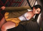  1girl black_hair breasts brown_eyes brown_hair chain cleavage closed_mouth dutch_angle ebi_(eeotoko) girls_und_panzer highres holding jacket long_hair long_sleeves miniskirt nishi_kinuyo signature skirt smile solo star wooden_wall yellow_skirt 