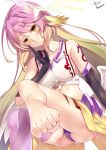  1girl animal_ears ass bare_shoulders barefoot black_gloves blonde_hair breasts crop_top elbow_gloves gloves gradient_hair jibril_(no_game_no_life) large_breasts long_hair midriff multicolored_hair no_game_no_life outstretched_foot panties pink_hair purple_panties single_thighhigh skirt smile solo tattoo thigh-highs underwear upskirt very_long_hair yatsu_(sasuraino) yellow_eyes 