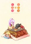  3boys black_hair blonde_hair blue_eyes closed_eyes cover cover_page doujin_cover drooling food fruit hachisuka_kotetsu ichiru_muto japanese_clothes kamekichi kotatsu male_focus multicolored_hair multiple_boys nagasone_kotetsu open_mouth orange orange_hair ponytail purple_hair sitting smile table tiger_print touken_ranbu turtle two-tone_hair urashima_kotetsu 