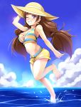  1girl amanogawa_kirara barefoot blush brown_hair clouds earrings female go!_princess_precure grin hat highres jewelry long_hair one_eye_closed precure shorts smile solo star star_earrings sun_hat taiyaki_a twintails violet_eyes water 