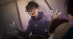  4boys black_hair blurry brothers bucket depth_of_field futon hoodie male_focus matsuno_ichimatsu messy_hair multiple_boys nuriko-kun osomatsu-kun osomatsu-san shaded_face shadow siblings sitting smile solo_focus towel 