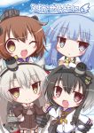  4girls :&lt; :d ;d amatsukaze_(kantai_collection) anchor anchor_symbol belt black_hair black_legwear blue_eyes blue_hair blush brown_dress brown_eyes brown_hair buttons chain chibi commentary_request cover cover_page crossed_arms doujin_cover dress fang garter_straps gloves grey_hair hair_between_eyes hair_ornament hair_tubes hairband hands_on_another&#039;s_head hatsukaze_(kantai_collection) headgear holding_hands kantai_collection lilywhite_lilyblack long_hair looking_at_viewer lowleg_pantyhose machinery multicolored_hair multiple_girls o_o one_eye_closed open_mouth rensouhou-kun ribbon sailor_dress school_uniform serafuku shirt short_dress short_hair short_hair_with_long_locks single_glove smile solid_circle_eyes tied_shirt tokitsukaze_(kantai_collection) torpedo translation_request two_side_up white_gloves white_hair windsock yukikaze_(kantai_collection) 