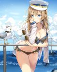 1girl alessandra_susu anmi bikini bird blonde_hair blue_eyes blush breasts hat highres jewelry long_hair necklace seagull sky solo sunglasses swimsuit tokyo_7th_sisters windmill 