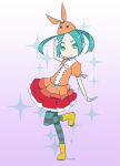  1girl aqua_hair boots eyebrows green_eyes hat highres monogatari_(series) mot_(anticycle) nisemonogatari ononoki_yotsugi pantyhose pose short_hair striped striped_legwear twintails v 