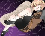  1girl bike_shorts blonde_hair brown_dress commentary_request dress hair_ribbon hammer_(sunset_beach) kurodani_yamame looking_at_viewer mary_janes open_mouth ponytail puffy_sleeves ribbon shoes silk smile solo spider_web touhou 