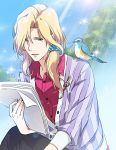  bird green_eyes idolmaster idolmaster_side-m kagura_rei kaseoo long_hair male_focus open_mouth paper scrunchie smile tsuzuki_kei 