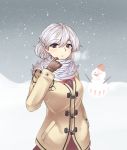  1girl breath dress gloves jacket kishin_sagume orinpachu short_hair silver_hair single_wing snow snowing snowman touhou wings 