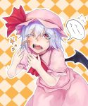  1girl argyle argyle_background ascot bat_wings bent_over cheek_pinching colored_eyelashes fangs hat hat_ribbon highres lavender_hair ldl_(bcw1025) mob_cap one_eye_closed open_mouth pinching pointy_ears puffy_sleeves red_eyes remilia_scarlet ribbon shirt short_hair short_sleeves skirt skirt_set solo speech_bubble tears text touhou wings 