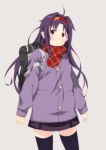  1girl akage bag coat hairband long_hair pointy_ears purple_hair red_eyes scarf standing sword_art_online thigh-highs yuuki_(sao) 
