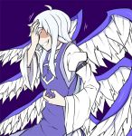  1girl angel_wings blue_background blue_dress crazy_grin dress hand_on_own_face kenuu_(kenny) long_sleeves multiple_wings sariel shaded_face simple_background solo touhou touhou_(pc-98) trembling wings 