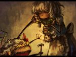  3girls blonde_hair blood dress drill_hair fairy fairy_wings flandre_scarlet hammer hat izayoi_sakuya koto_inari luna_child minigirl multiple_girls open_mouth pushing_away ribbon short_hair side_ponytail silver_hair touhou wet wings 