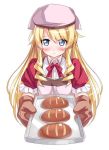  1girl :&lt; blonde_hair blue_eyes blush bow bread curly_hair food frills frown hat kanpani_girls loalo long_hair monique_waroquier oven_mitts red_bow sidelocks solo tray white_background 