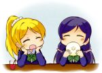  2girls aki_inu ayase_eli blonde_hair closed_eyes long_hair love_live!_school_idol_project multiple_girls open_mouth ponytail purple_hair toujou_nozomi twintails 