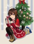  1girl alternate_costume black_legwear blue_eyes boots box braid brown_hair capelet character_doll christmas christmas_ornaments christmas_tree dress gift gift_box hair_flaps hair_ornament hair_ribbon harusame_(kantai_collection) kantai_collection kawakaze_(kantai_collection) laced_boots long_hair murasame_(kantai_collection) open_mouth pantyhose remodel_(kantai_collection) ribbon samidare_(kantai_collection) sha_(isago) shigure_(kantai_collection) shiranui_(kantai_collection) single_braid smile suzukaze_(kantai_collection) umikaze_(kantai_collection) yuudachi_(kantai_collection) 