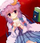  15_(tooka) 1girl book bow capelet crescent_hair_ornament eating food food_on_face hair_bow hair_ornament hat mob_cap patchouli_knowledge purple_hair sandwich sash solo touhou violet_eyes 