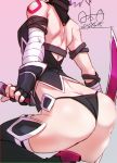  1girl arched_back ass assassin_of_black bandages black_gloves black_panties dual_wielding elbow_gloves fate/apocrypha fate_(series) fingerless_gloves gloves highres hinomoto_madoka holding_weapon knife panties purple_hair scar seamed_legwear simple_background solo thong underwear weapon 