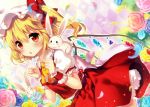  1girl absurdres animal argyle argyle_background ascot blonde_hair blue_rose blush bow chestnut_mouth dress flandre_scarlet flower hat hat_bow highres huge_filesize looking_at_viewer mob_cap open_mouth petals pink_rose puffy_short_sleeves puffy_sleeves rabbit red_dress red_eyes riichu rose sash shirt short_sleeves side_ponytail solo touhou wings wrist_cuffs yellow_rose 